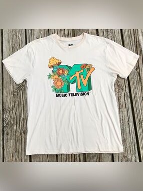 Mens L Viacom MTV Logo Mushroom Graphic Tee Toadstool Tshirt
